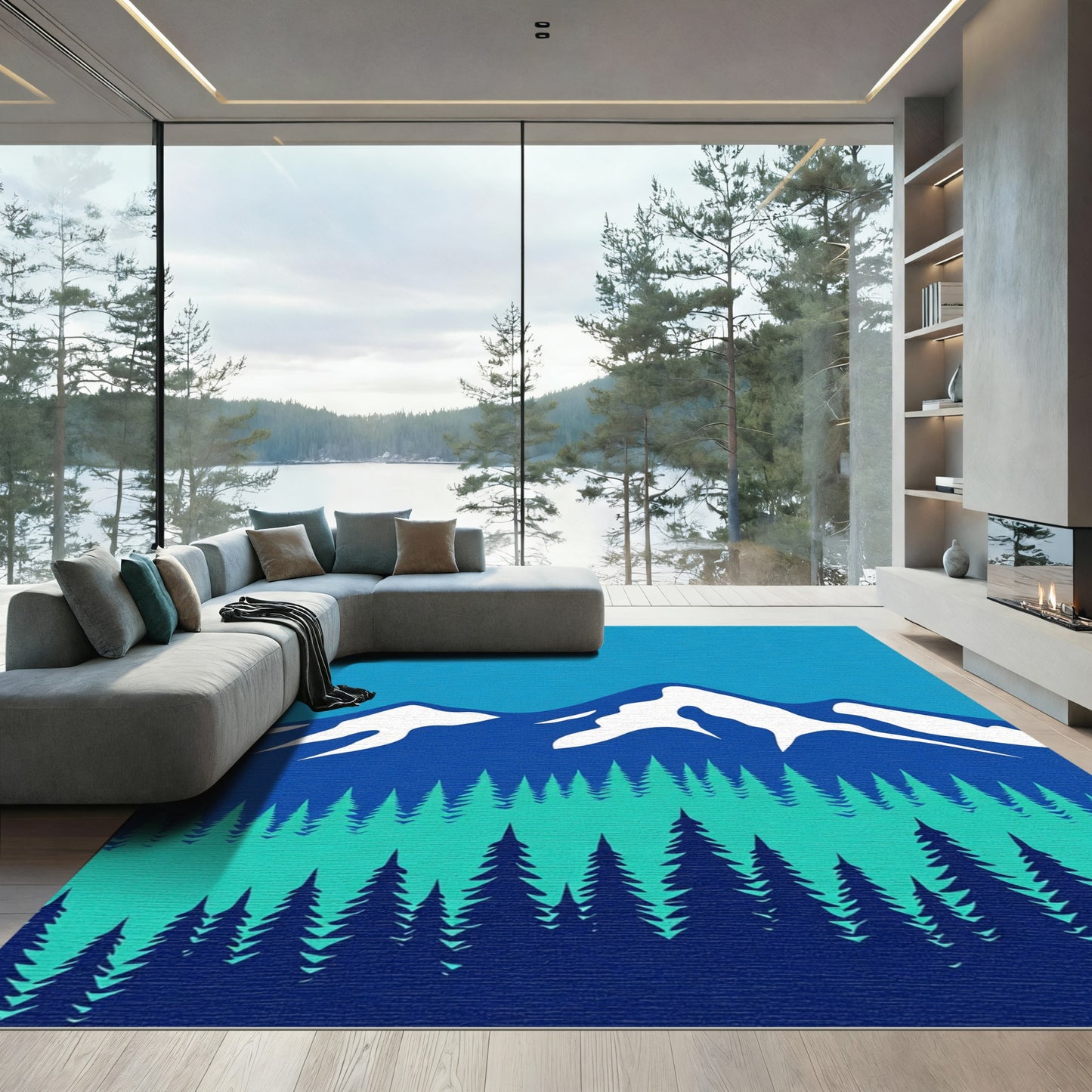 Vibrant Blue Mountain Forest Vista Rug