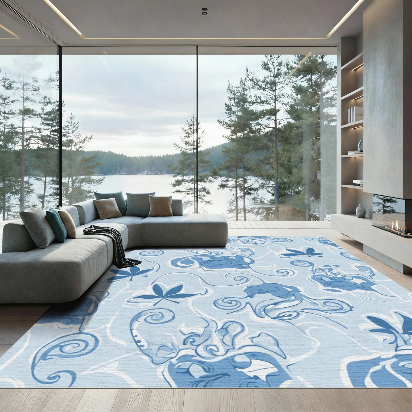Cerulean Swirl Floral Abstract Rug