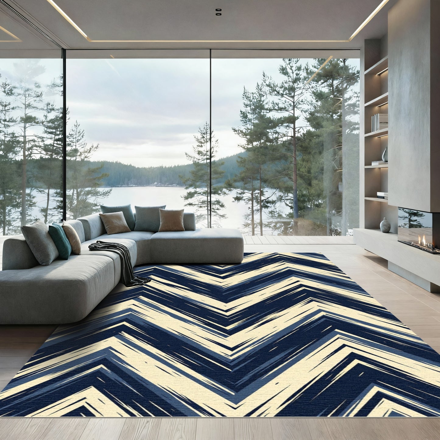 Navy Cream Jagged Chevron Rug