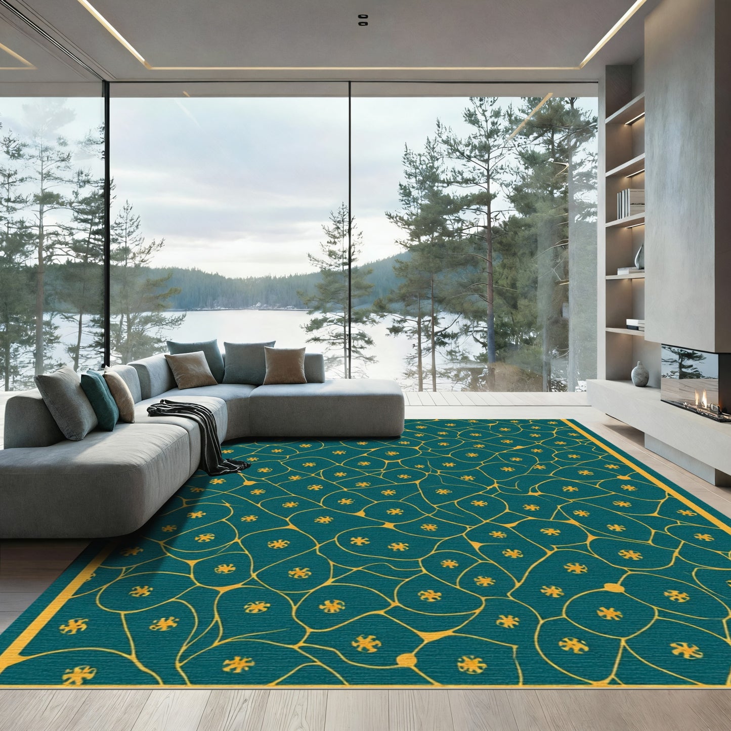 Teal Gold Cellular Organic Shapes Rug