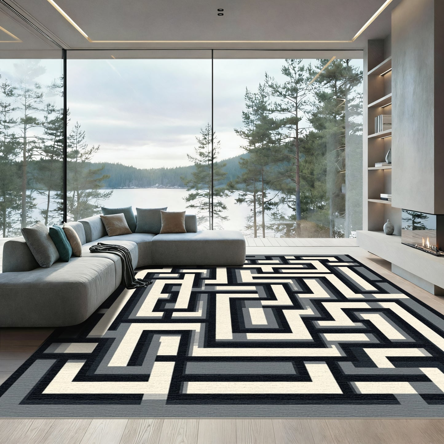 Monochromatic Maze Geometric Abstract Rug