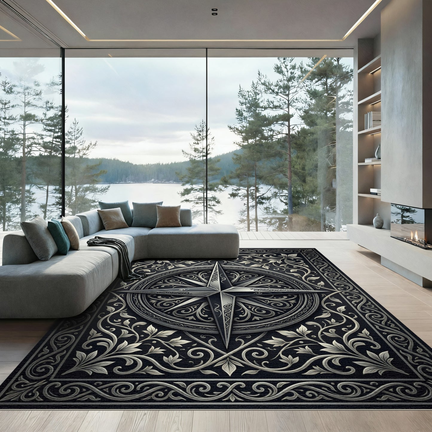 Ornate Black Silver Compass Vines Rug
