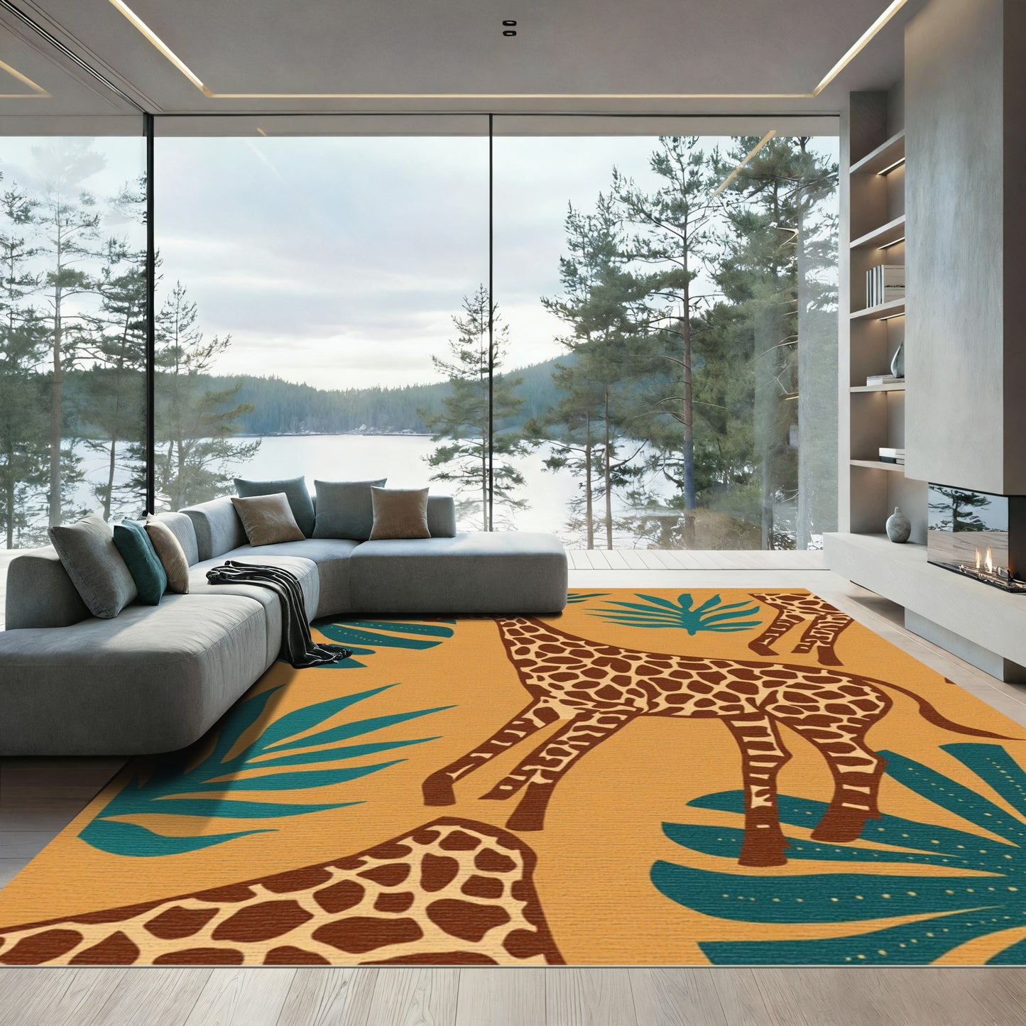 Golden Safari Giraffe Tropical Leaves Rug
