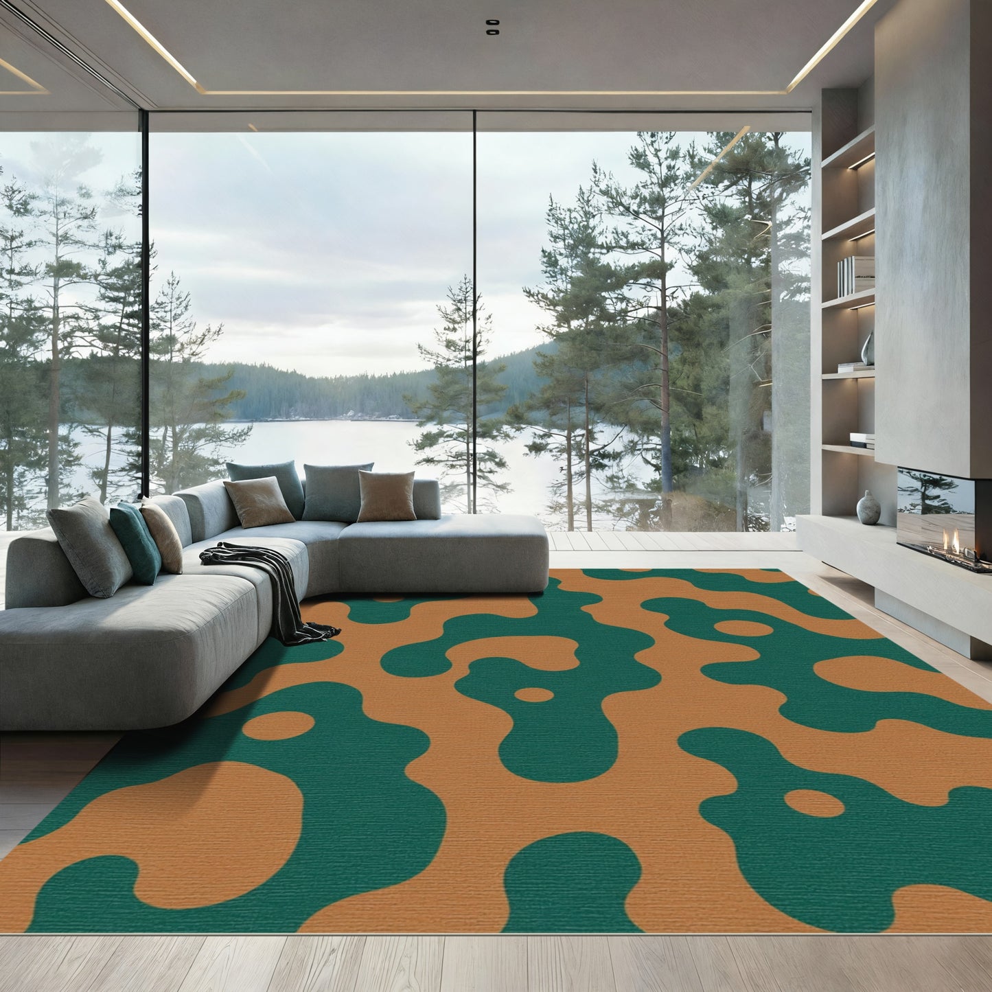 Teal Brown Fluid Organic Shapes Rug