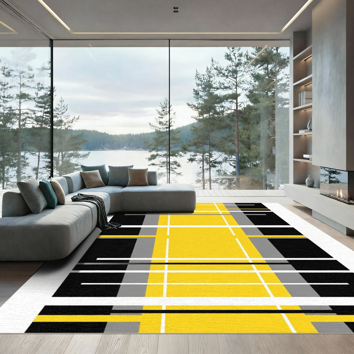 Modern Yellow Black Gray Plaid Rug