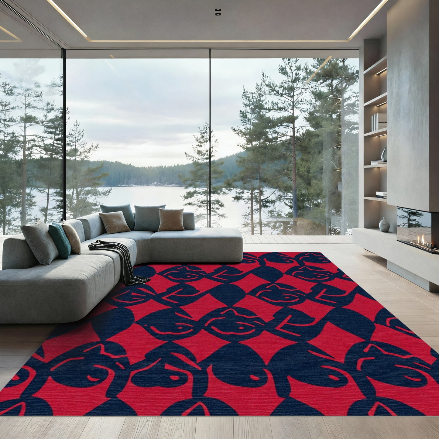 Bold Red Abstract Figure Repeating Pattern Rug