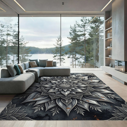 Silver Metallic Floral Mandala Medallion Rug