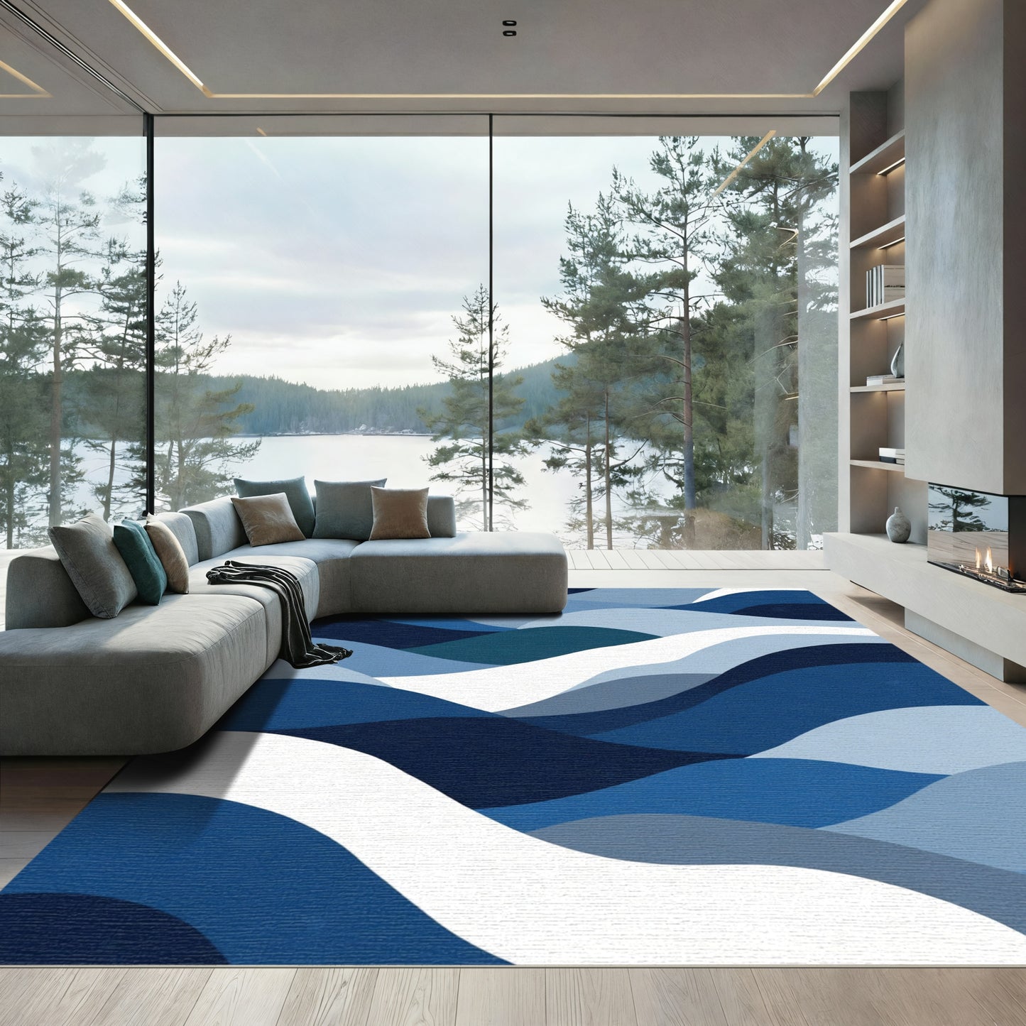 Flowing Gradient Blues Layered Canvas Rug