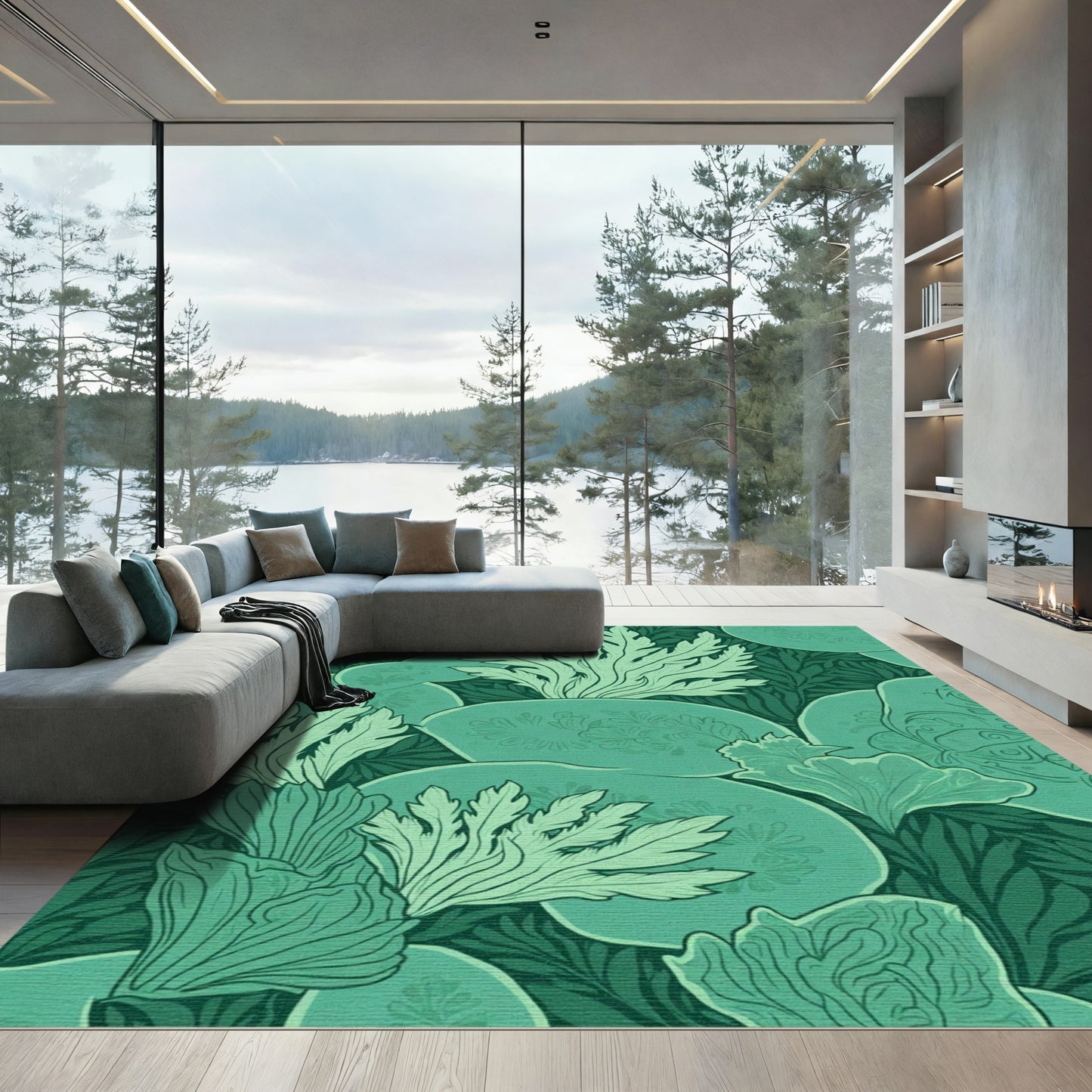 Emerald Green Leafy Art Nouveau Rug