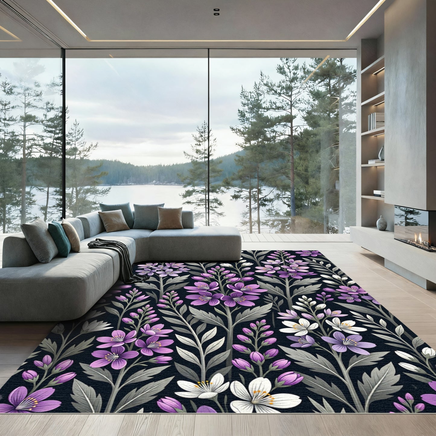Purple White Floral Branch Composition Rug