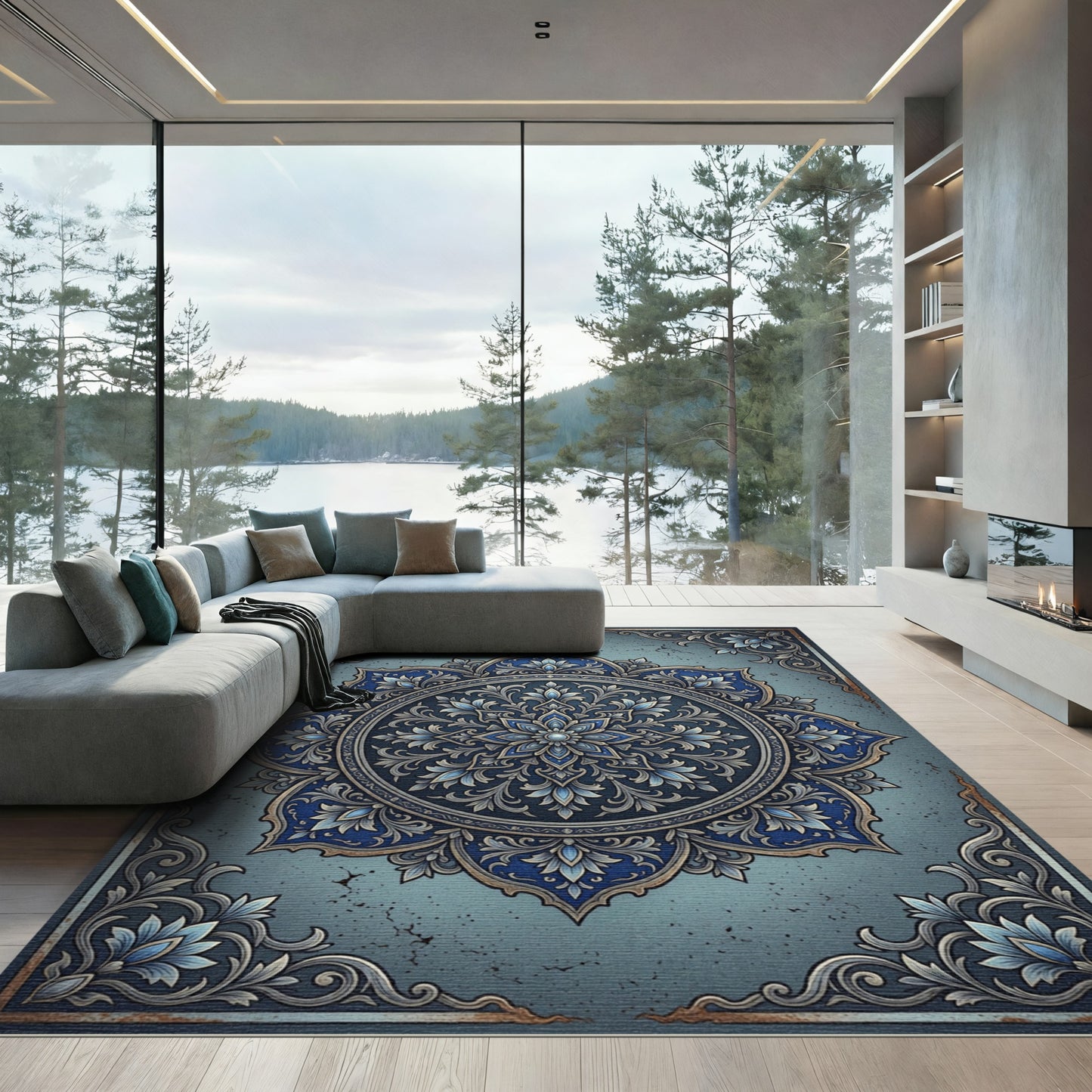 Elegant Navy Silver Floral Medallion Rug