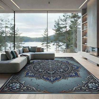 Elegant Navy Silver Floral Medallion Rug