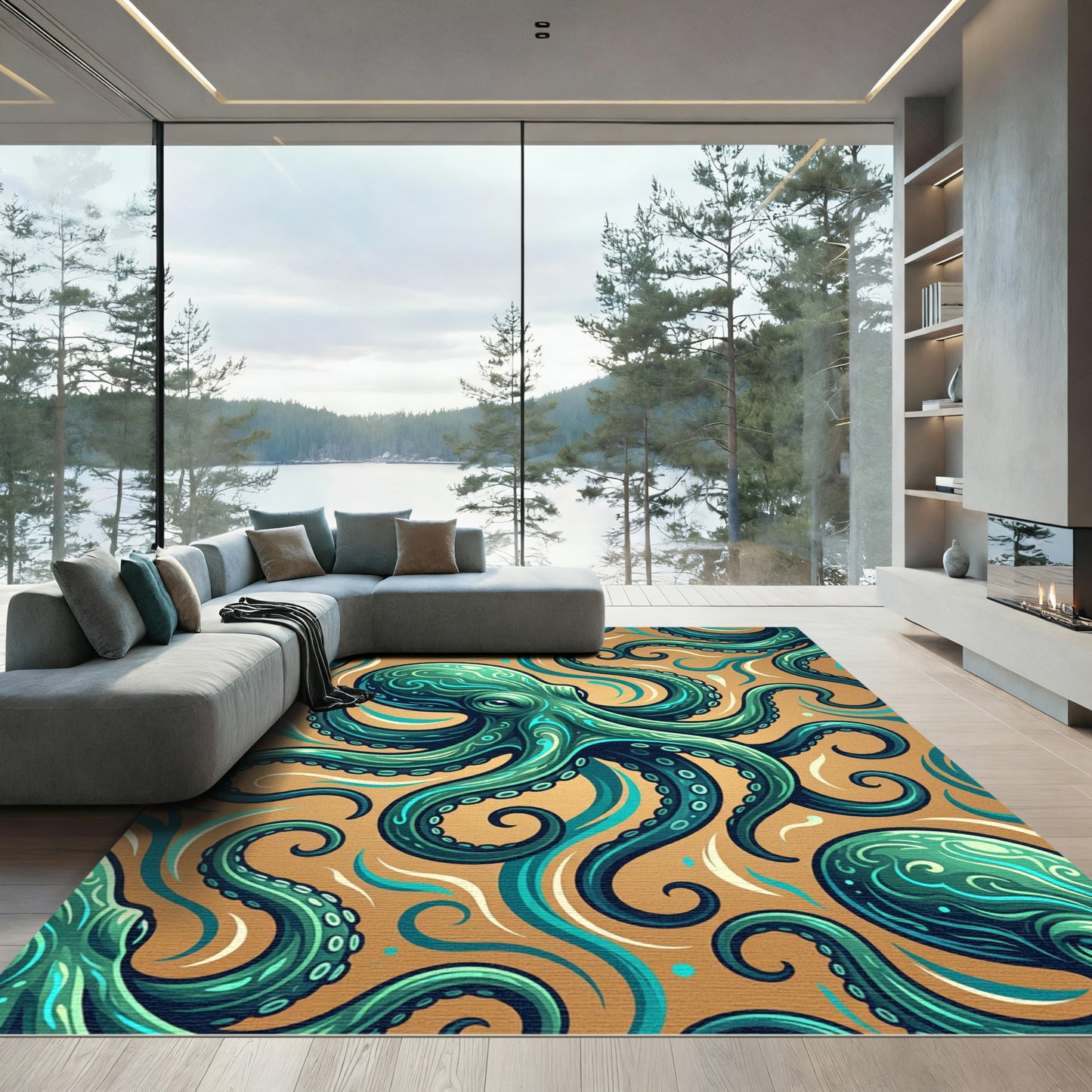 Elegant Teal Octopus Swirl Art Rug