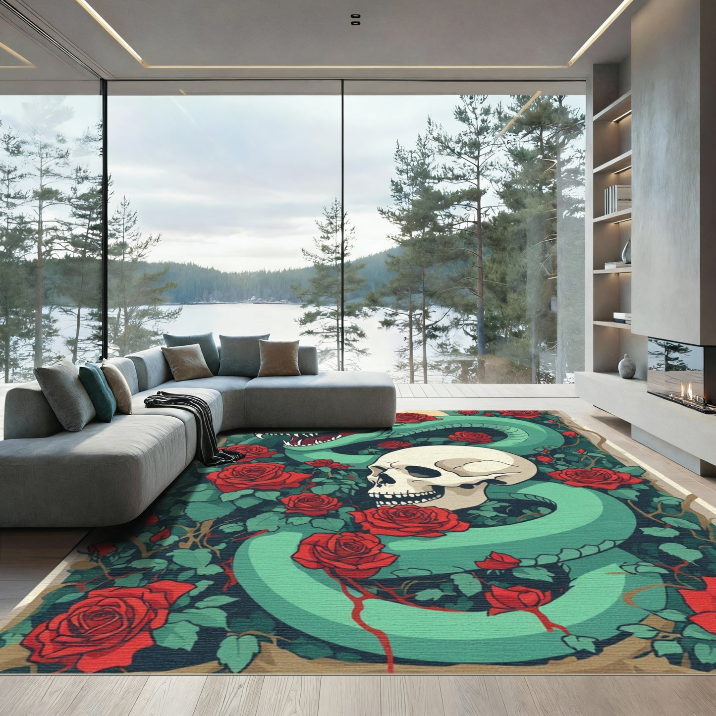Green Dragon Skull Red Roses Garden Rug