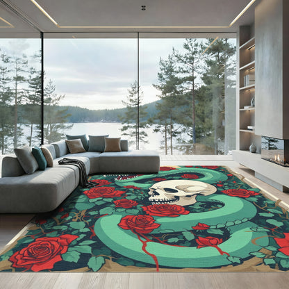 Green Dragon Skull Red Roses Garden Rug