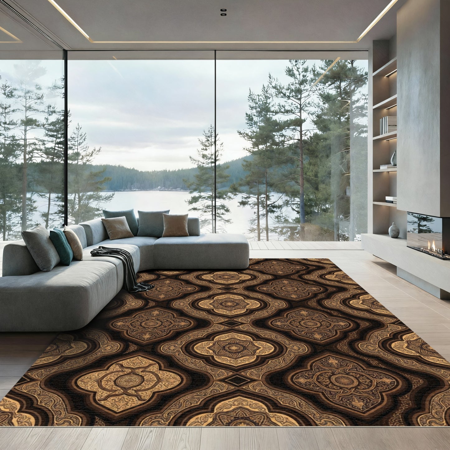 Ornate Bronze Damask Quatrefoil Scroll Rug