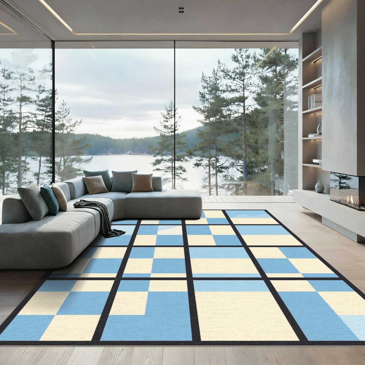 Blue Cream Checkered Abstract Window Rug