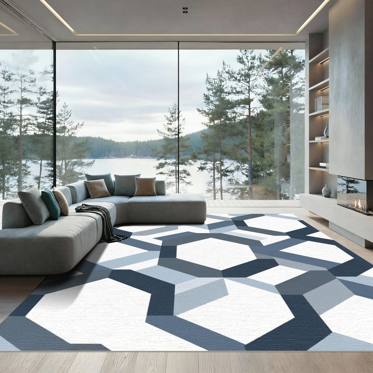 Geometric Hexagon Blue Slate Rug