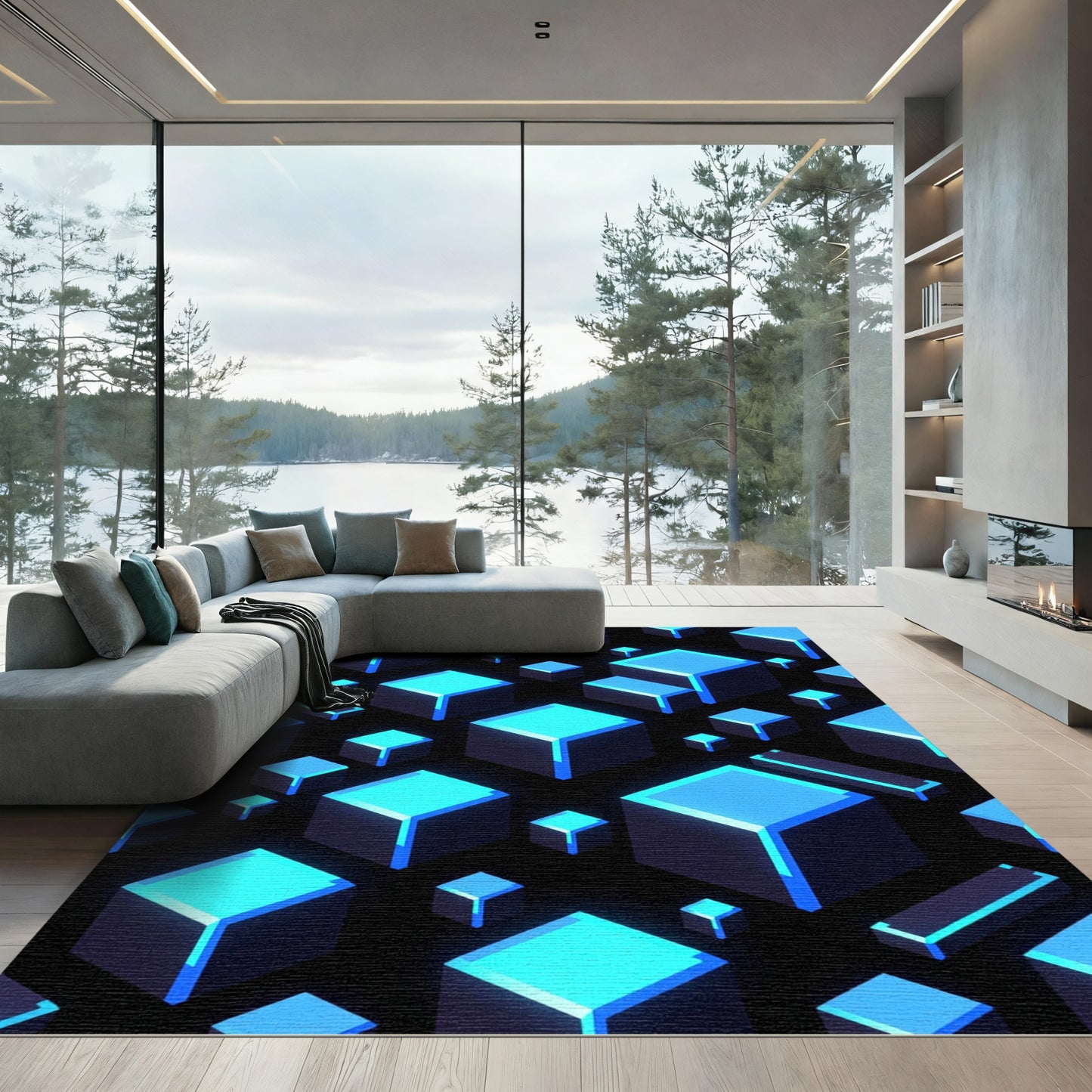 Neon Blue Isometric Cubic Grid Rug