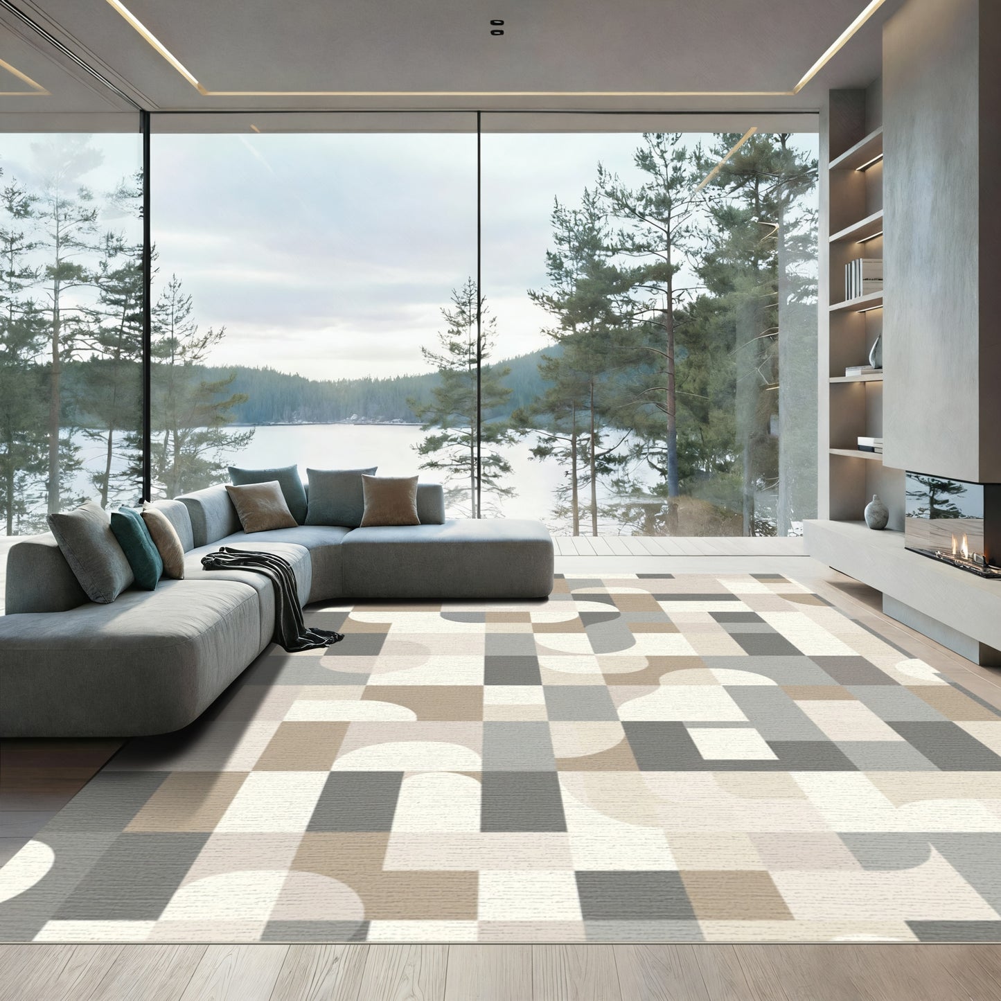 Cool Neutral Abstract Geometric Forms Rug