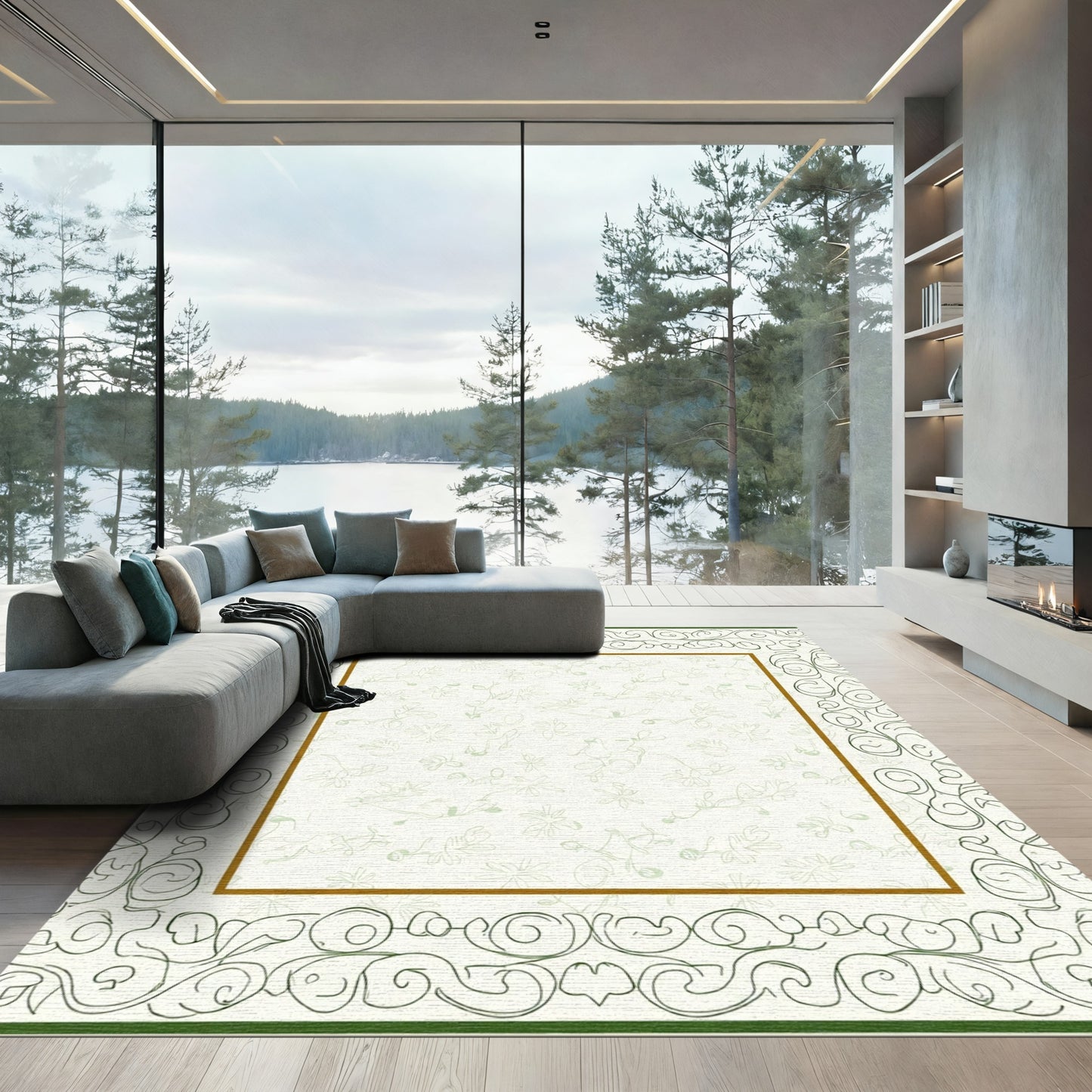 Light Green Floral Vine Border Rug