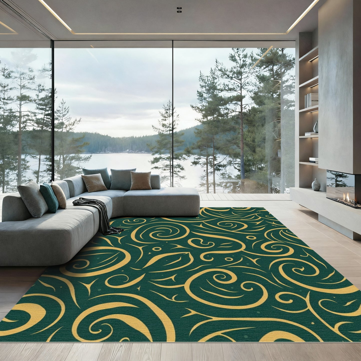 Emerald Swirl Golden Flourish Abstract Rug