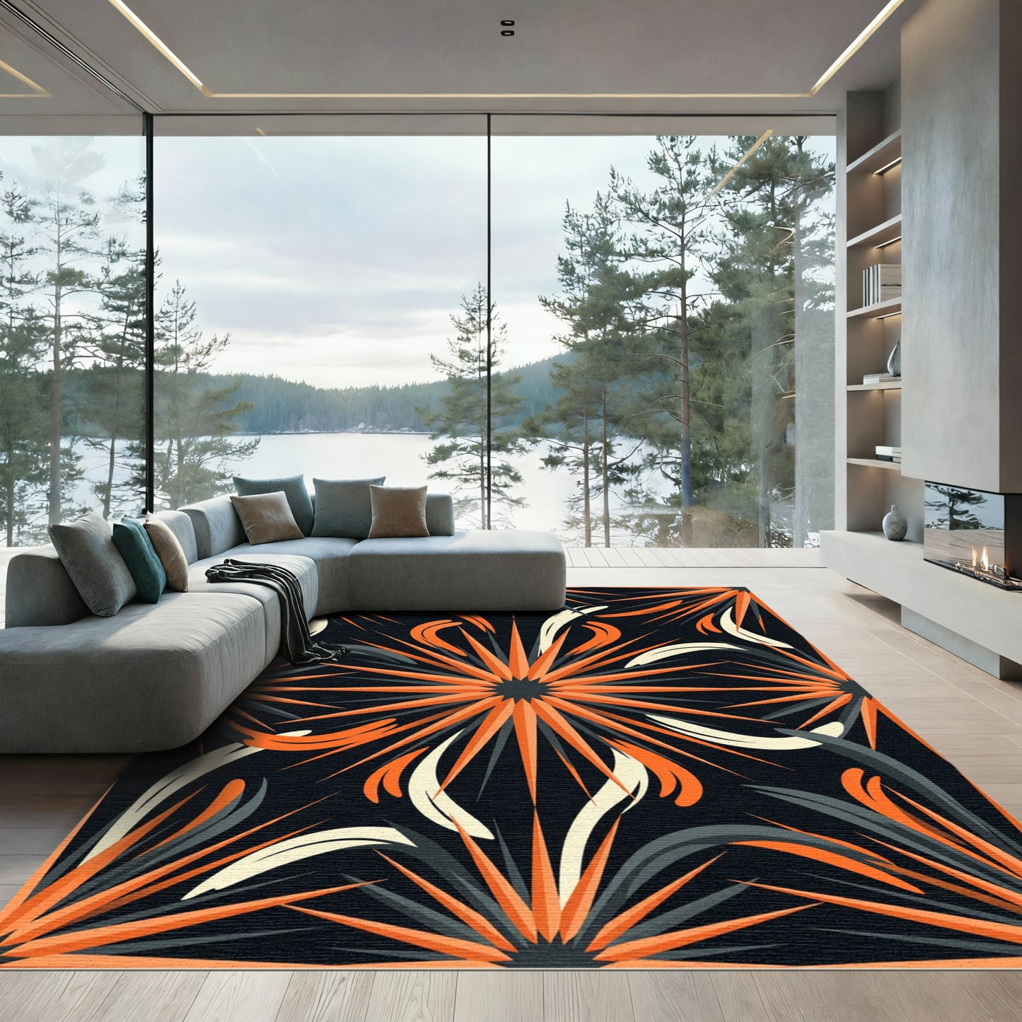 Spiky Orange Sunburst Geometric Art Rug