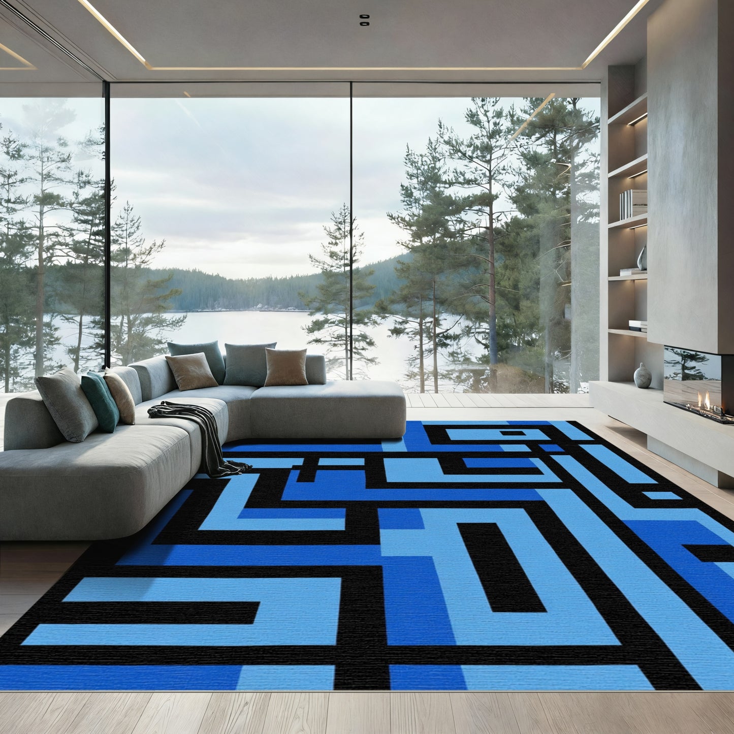 Modern Blue Geometric Labyrinth Rug