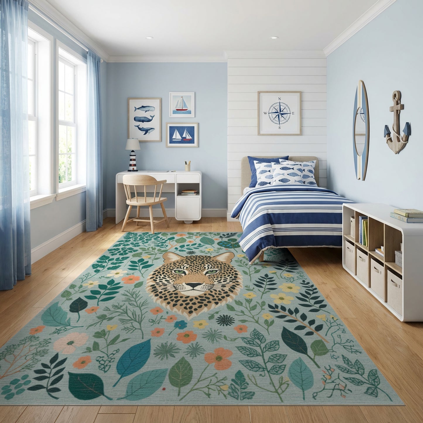 Vibrant Leopard Green Foliage Floral Rug