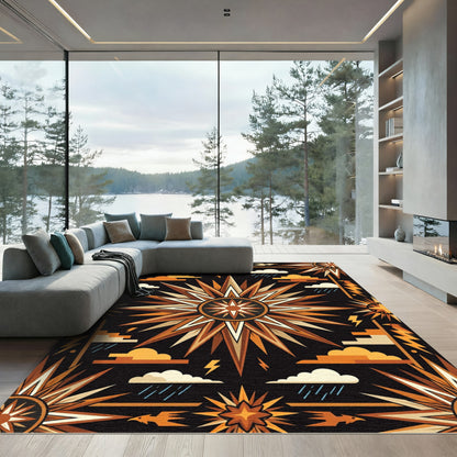 Celestial Golden Sunburst Geometric Art Rug