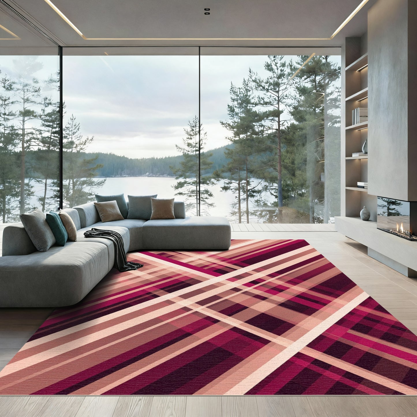 Burgundy and Cream Intersecting Linear Rug