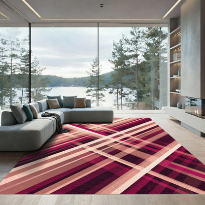 Burgundy and Cream Intersecting Linear Rug