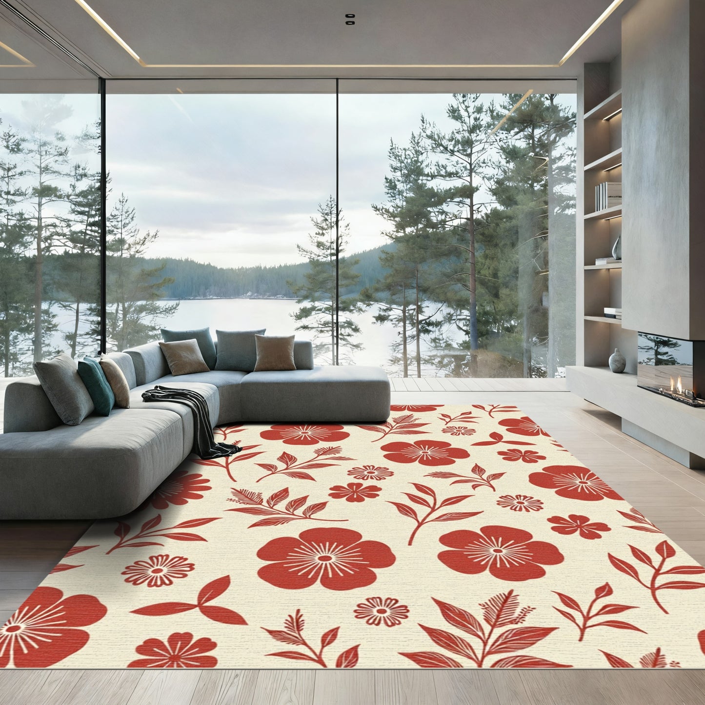Crimson floral branch on cream field Rug