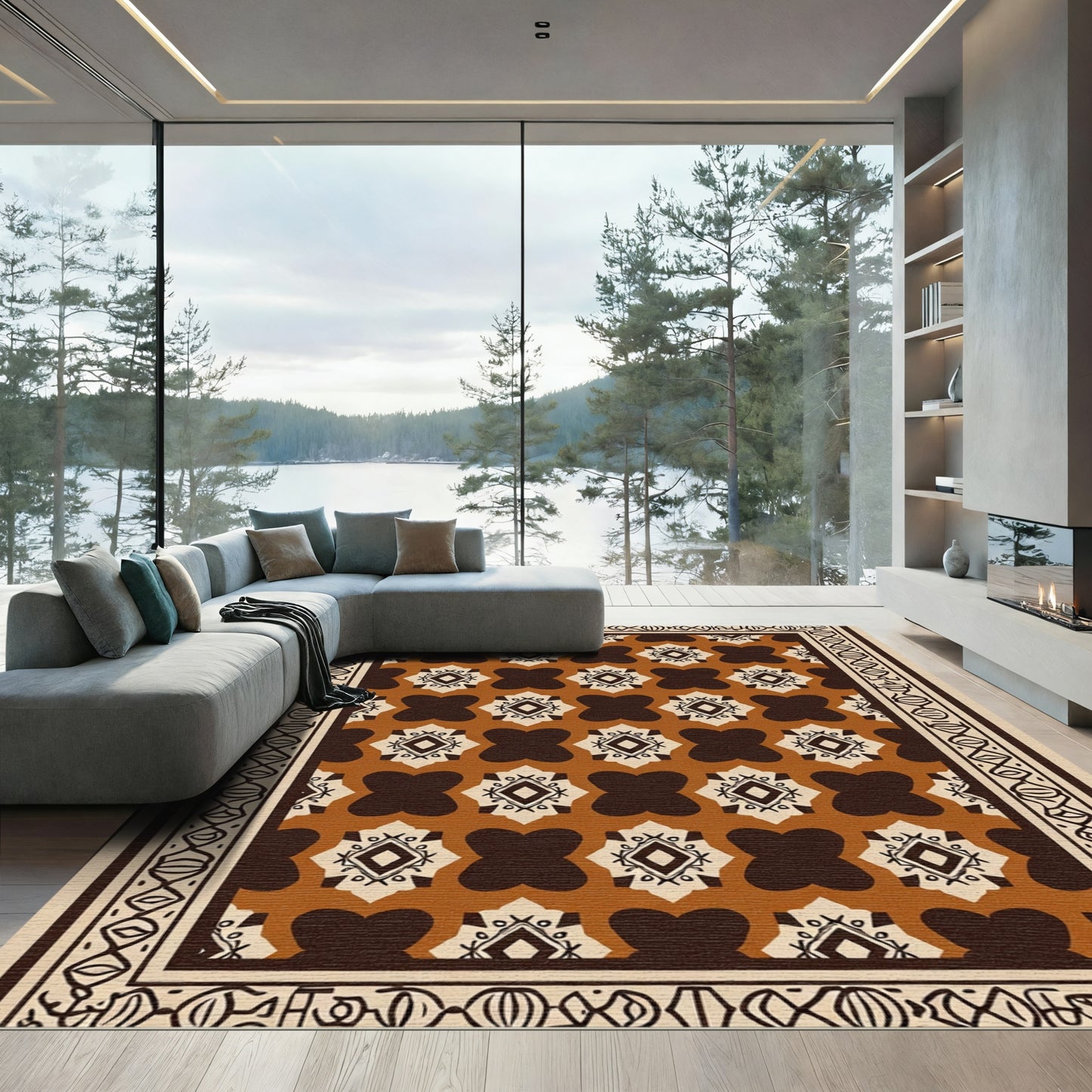 Terracotta Black Geometric Medallion Rug