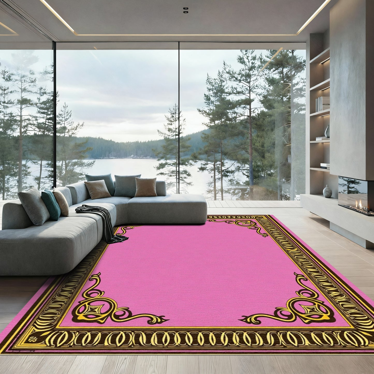 Pink And Gold Ornate Scroll Rug