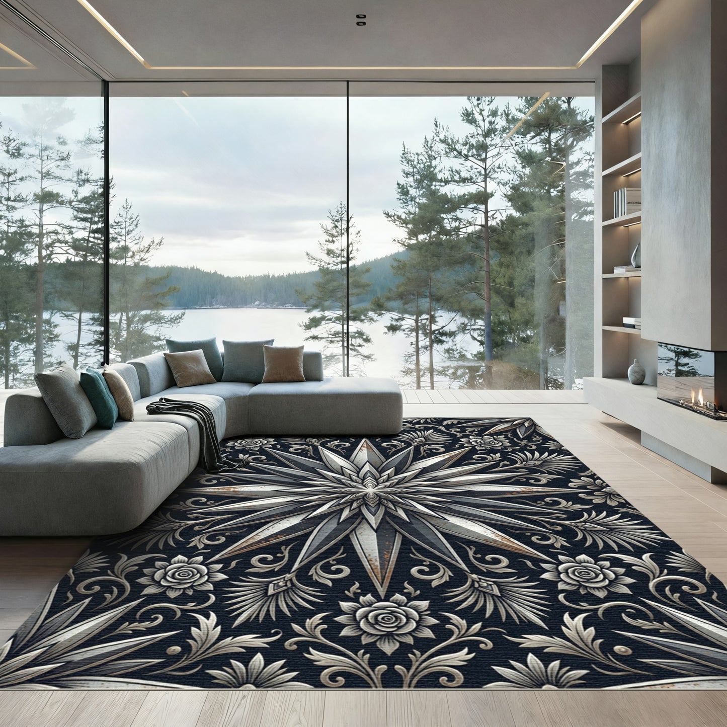 Metallic Silver Starburst Botanical Floral Rug