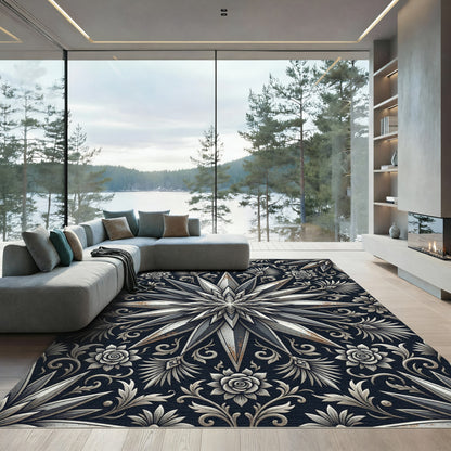 Metallic Silver Starburst Botanical Floral Rug