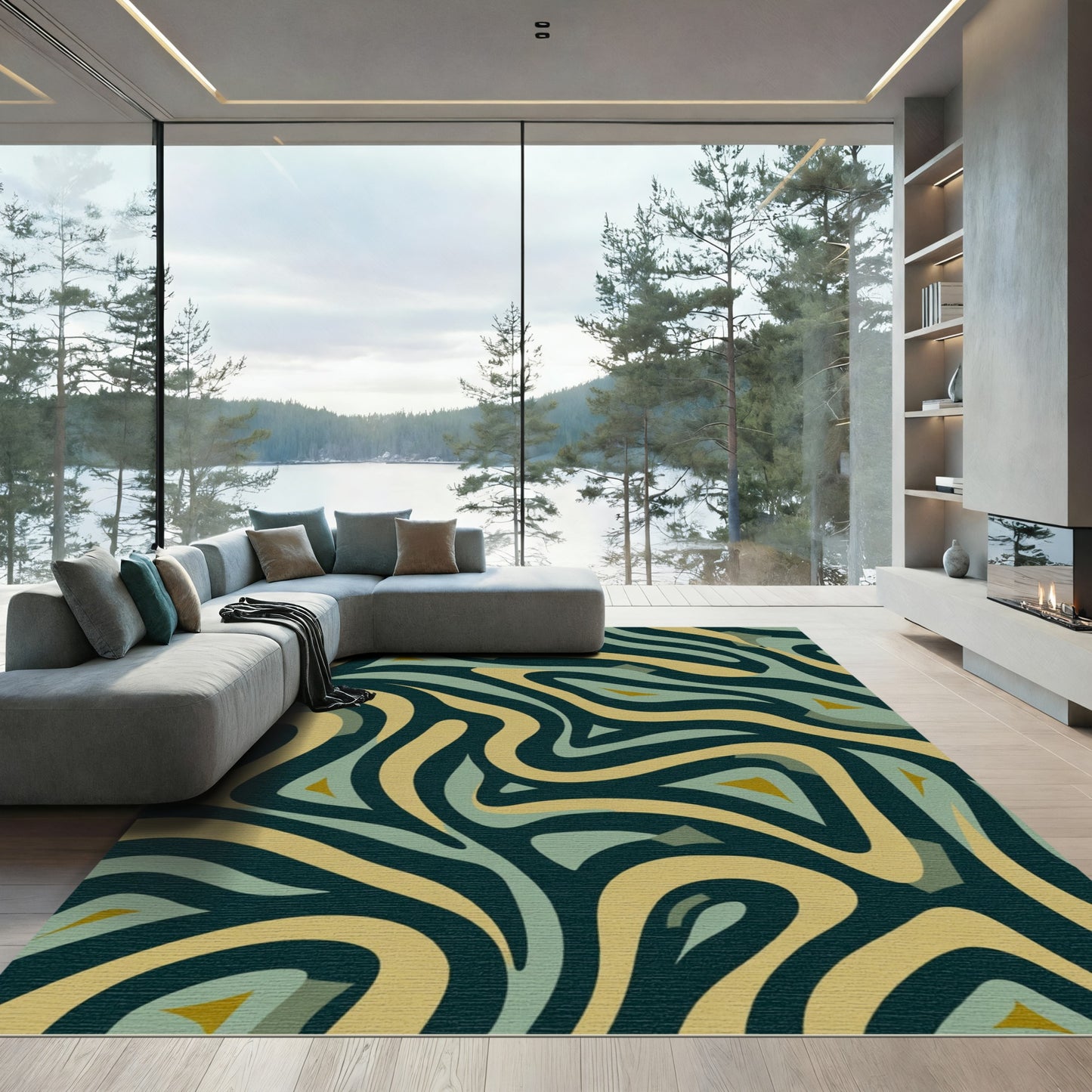 Abstract Swirling Cream Teal Swirls Rug