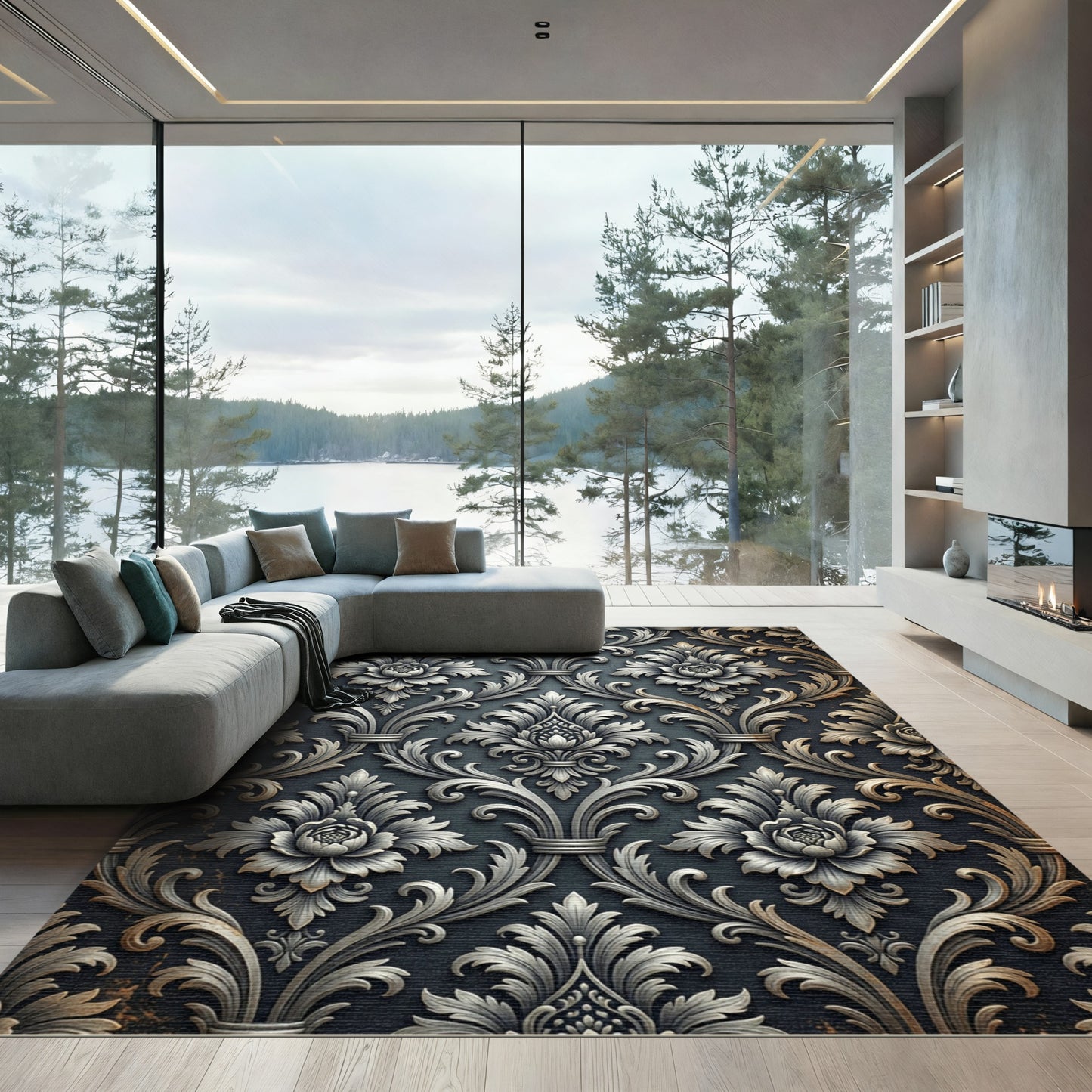 Ornate Silver Floral Damask Rug