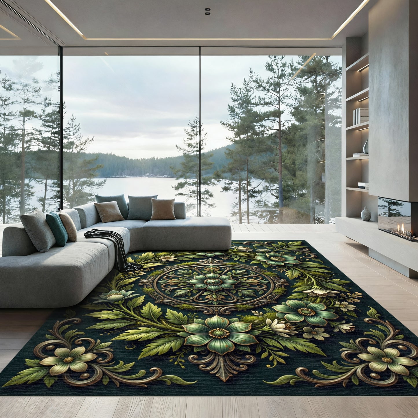 Elegant Sage Floral Medallion Weave Rug