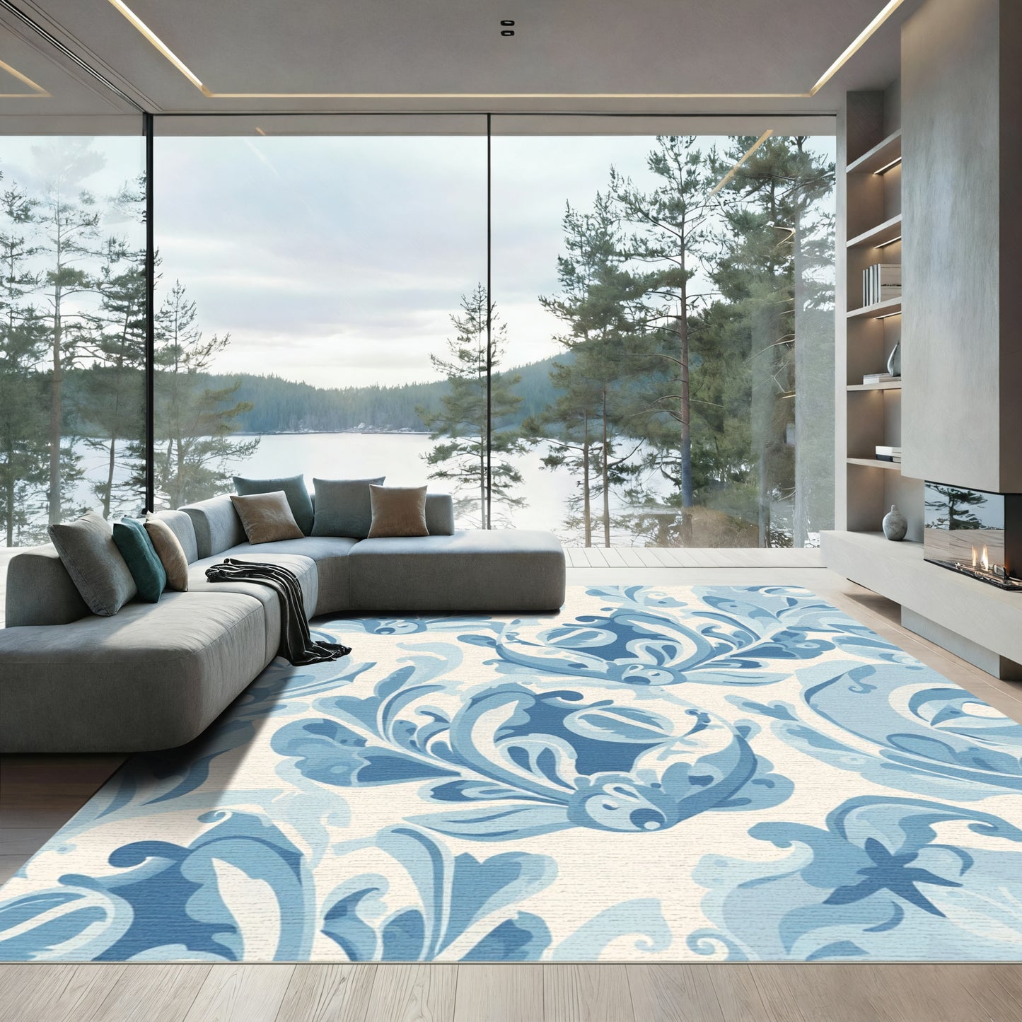 Blue Scrollwork Floral Medallion Rug