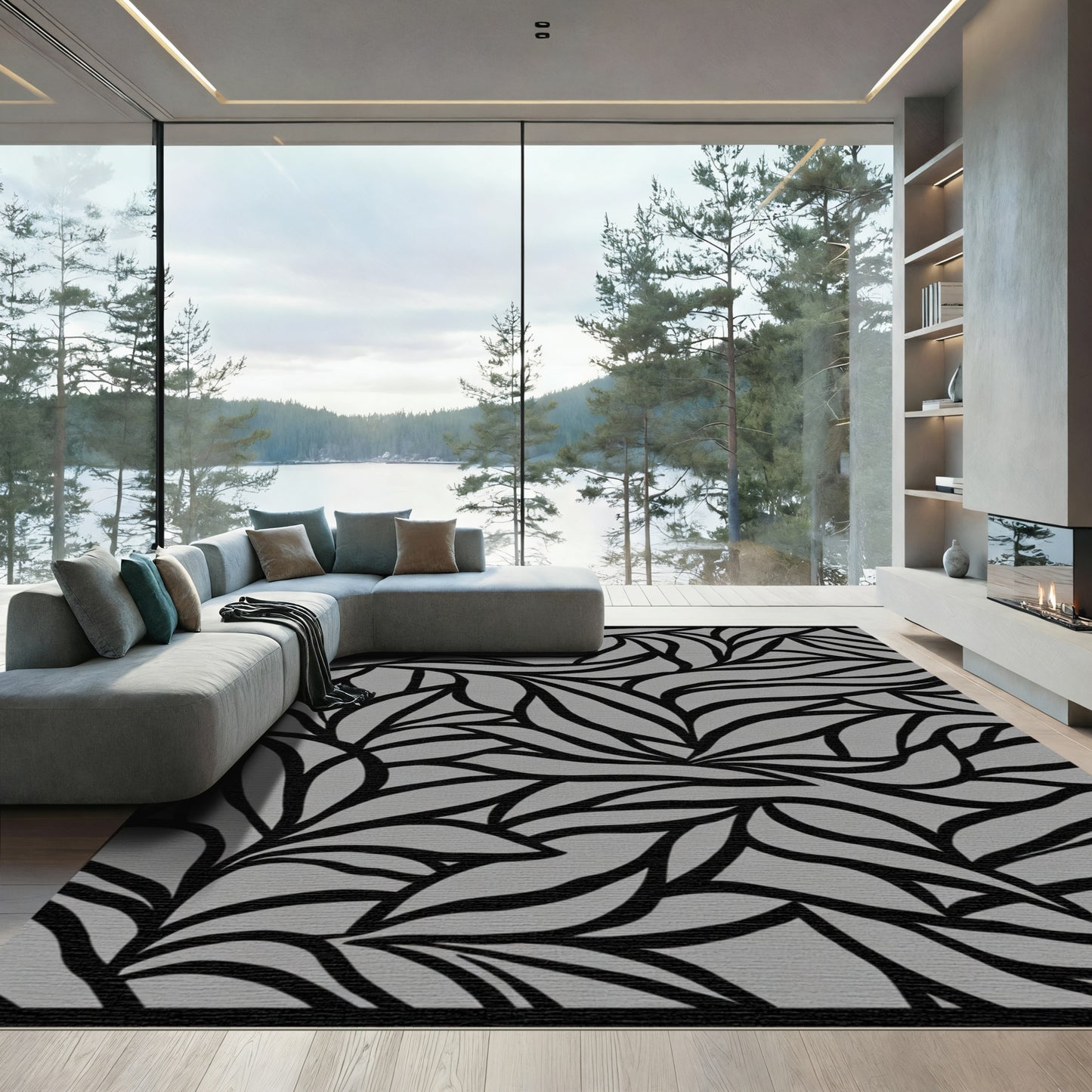 Abstract Black Swirl Gray Rug