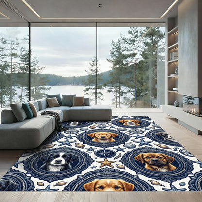 Nautical Dog Portrait Navy Compass Medallion Rug