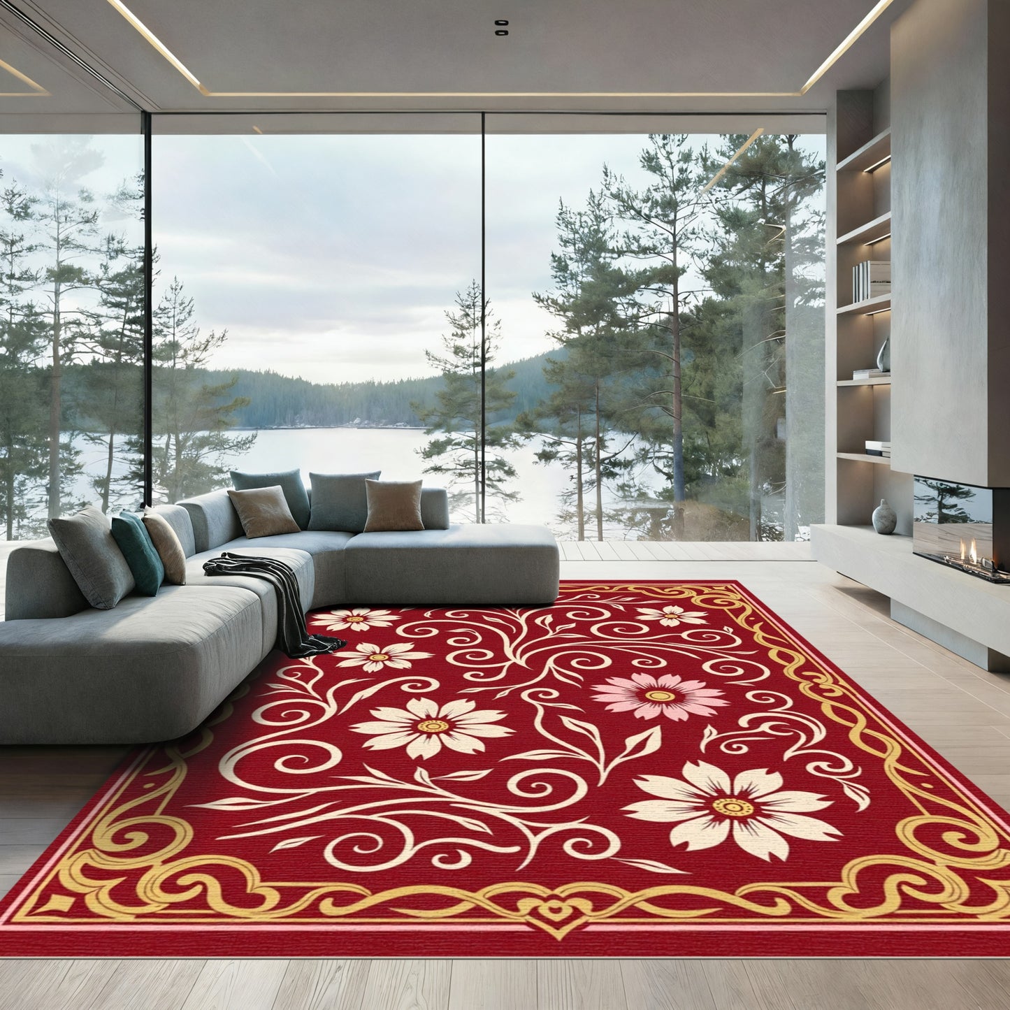 Crimson Floral Scrollwork With Golden Border Rug