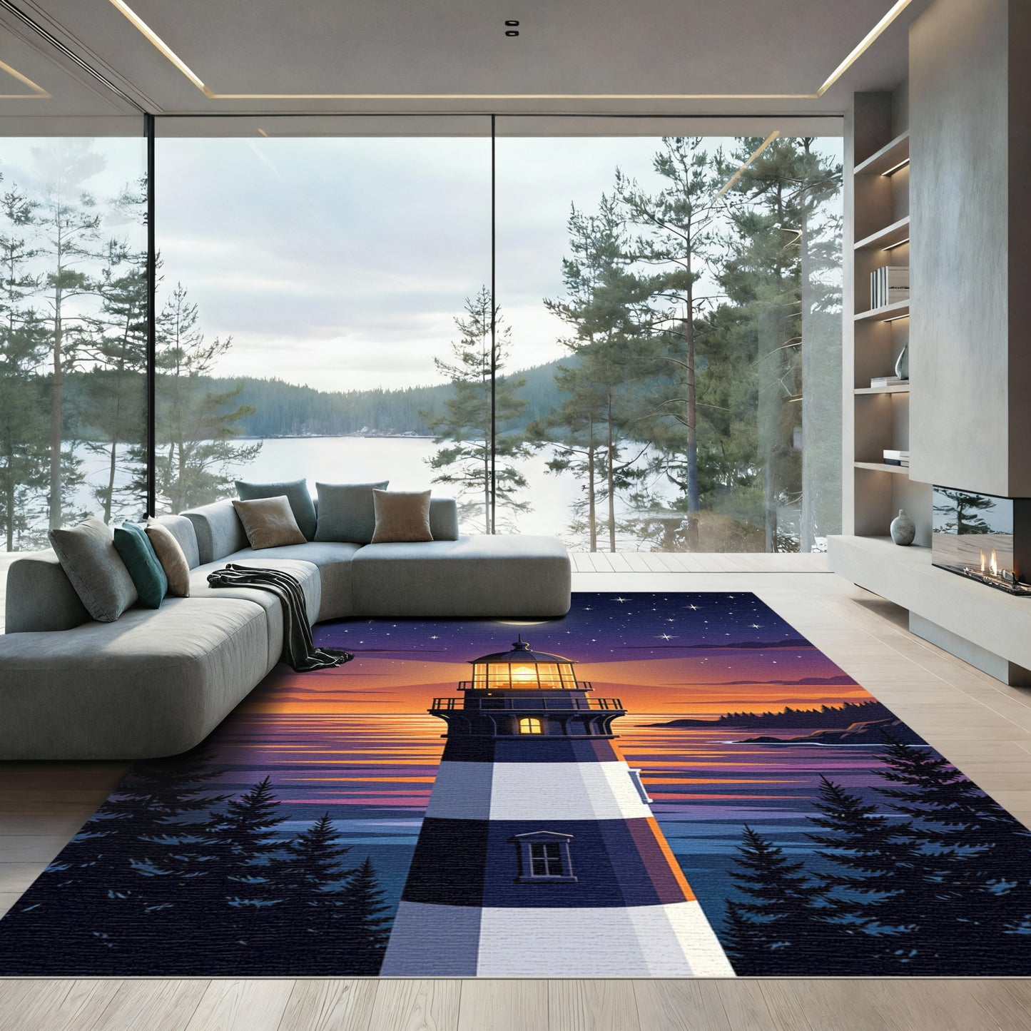 Starlit Moonlit Lighthouse Coastal Landscape Rug