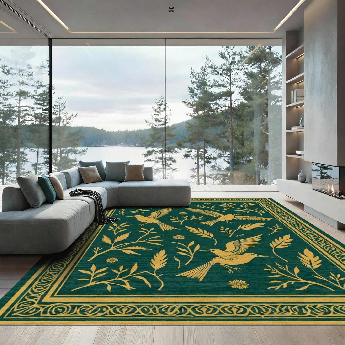 Emerald Gold Flying Bird Floral Border Rug