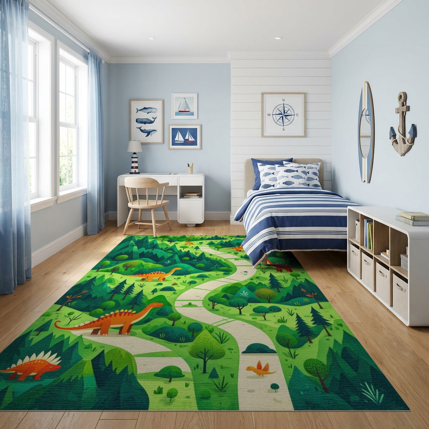Whimsical Forest Dinosaur Winding Path Rug