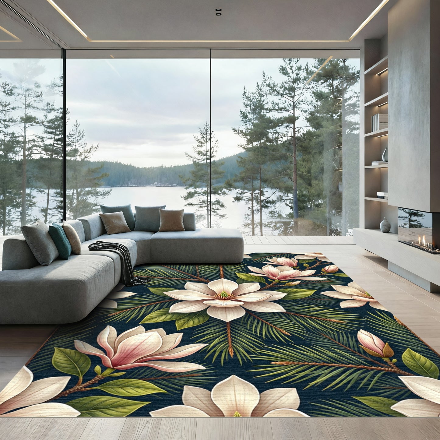 Magnolia Blossom and Pine Needle Navy Rug