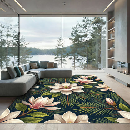 Magnolia Blossom and Pine Needle Navy Rug