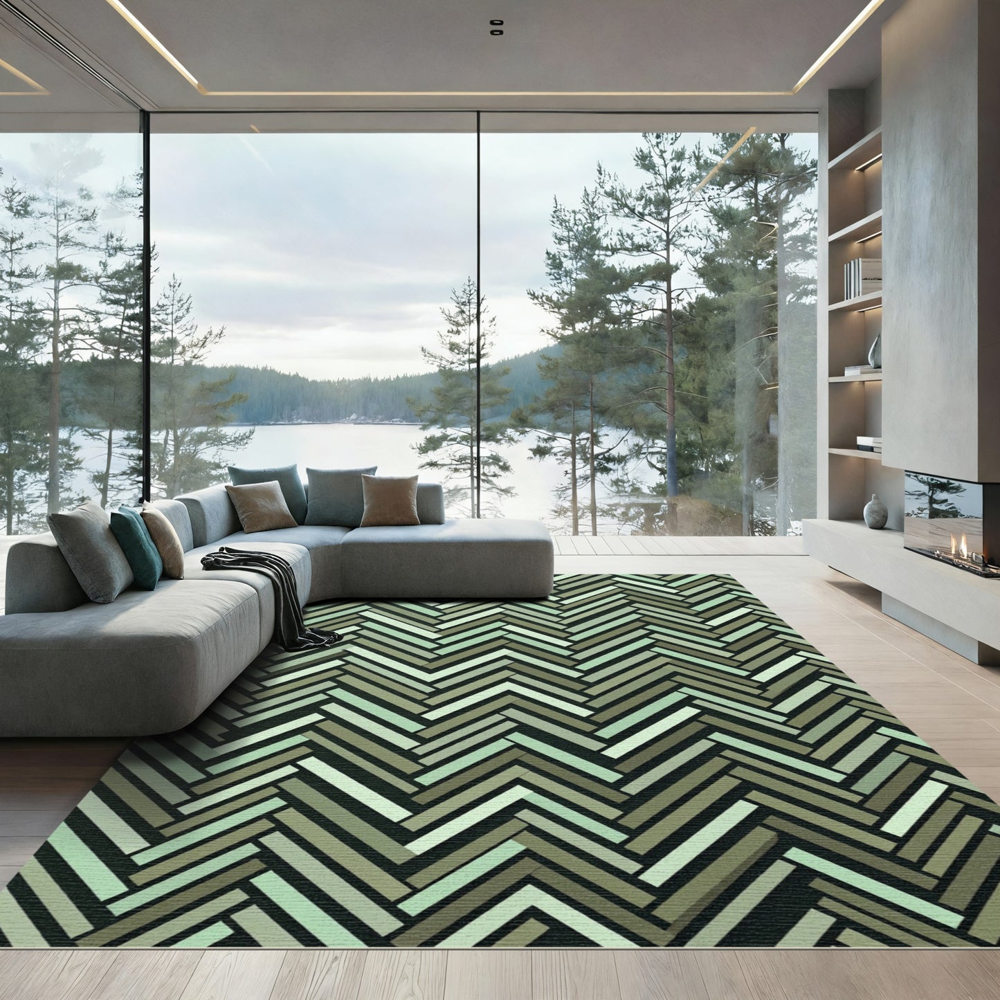 Sage Green Herringbone Stripe Rug
